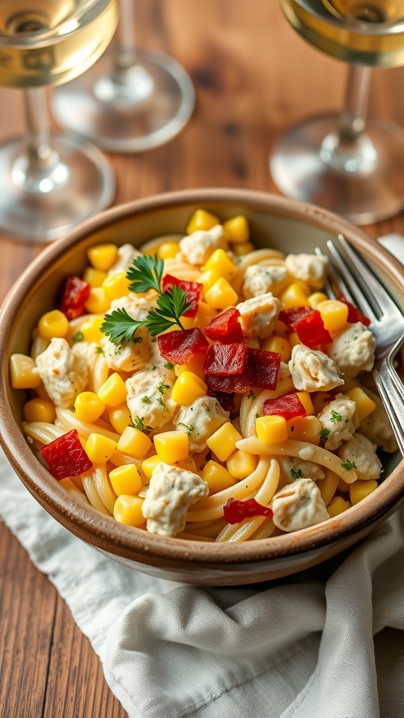 Creamy parmesan chicken pasta with corn and bacon, garnished with parsley, on a rustic table.